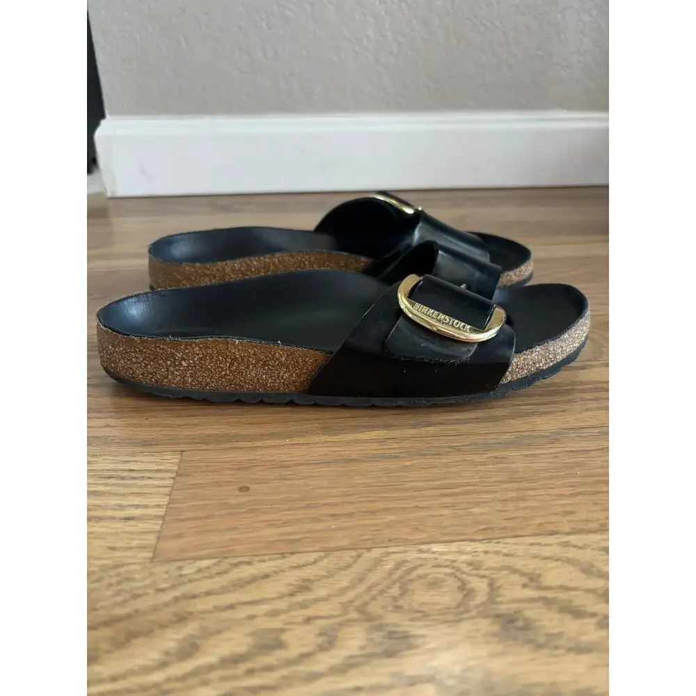 Birkenstock Madrid Big Buckle Sandals Black Leather Slip On Slide Women's Size 7